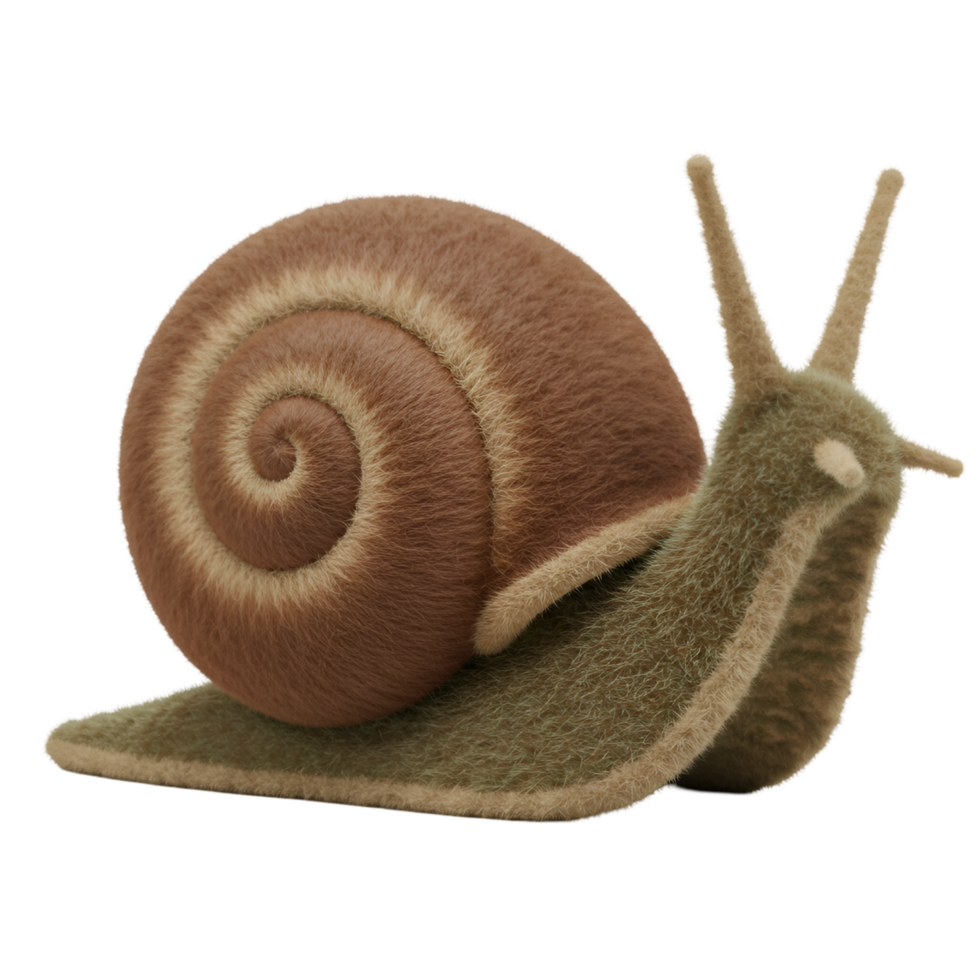 A charming snail with a swirling shell and textured body against a plain backdrop image view side on transparent background png
