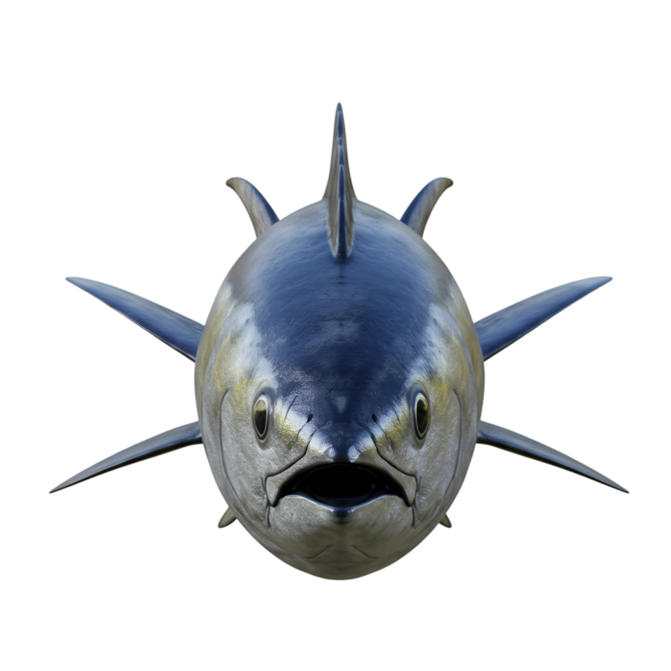 Close up view of a tuna fish with its mouth open and fins extended on a plain surrounding area on transparent background png
