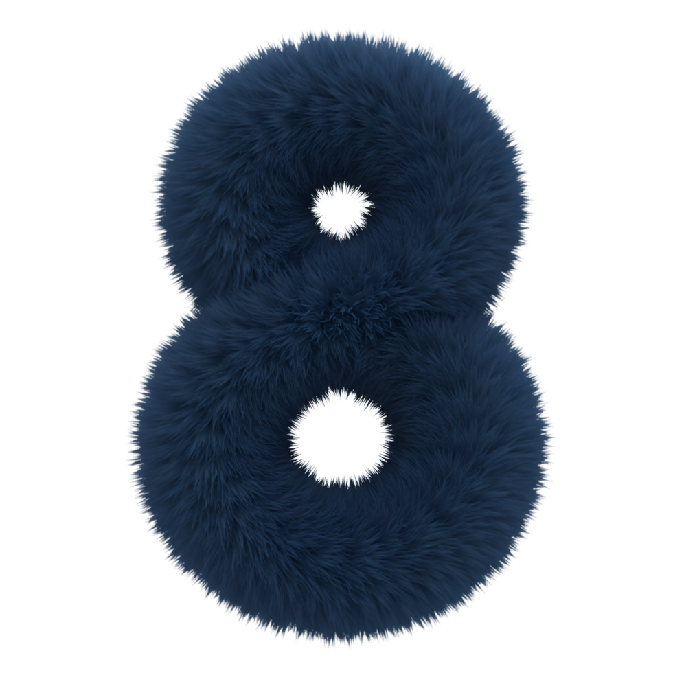 A fluffy number eight in a deep shade of blue with two white circular holes on a plain setting surface on transparent background png