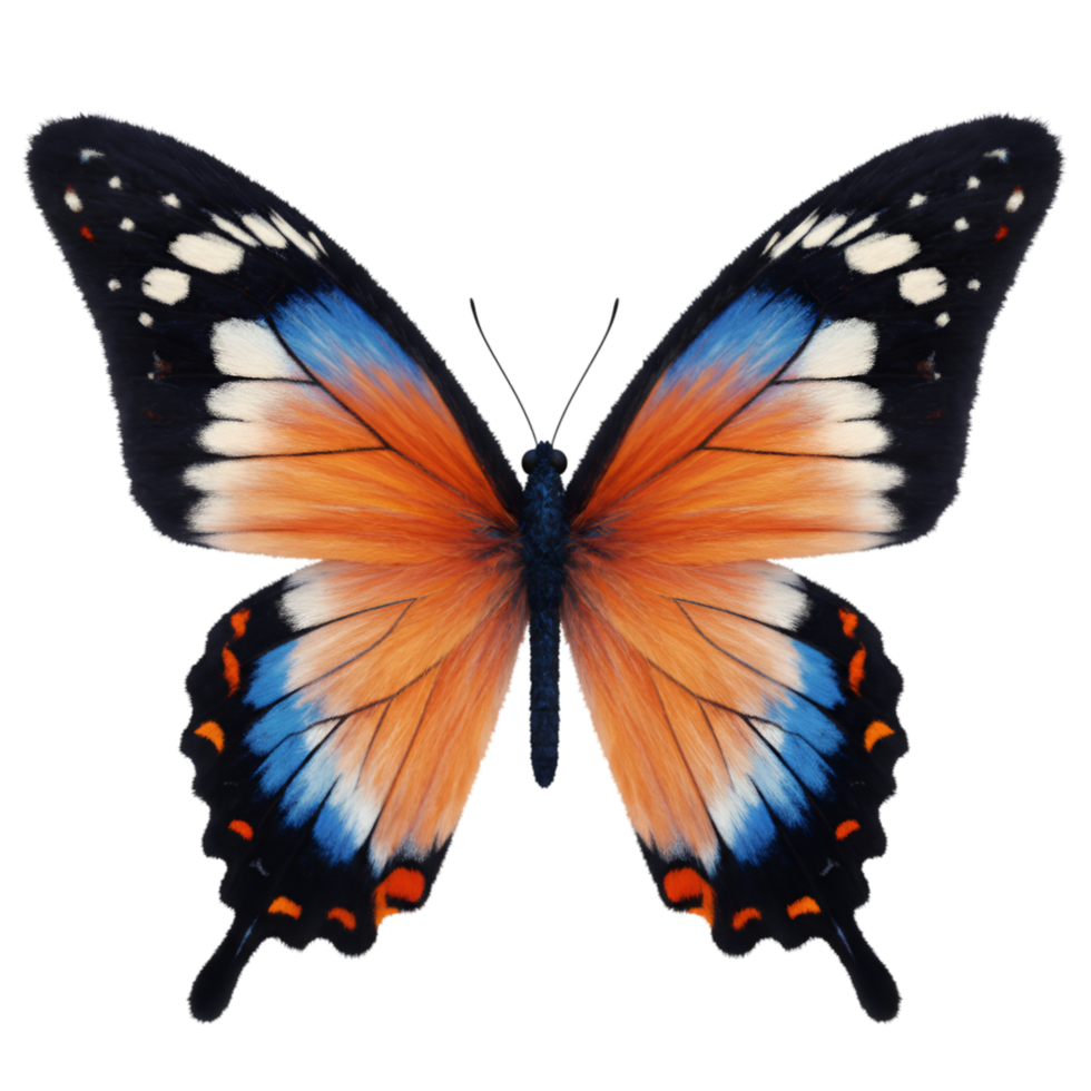 Isolated butterfly with orange and blue wings spread open on a plain colored canvas view from above on transparent background png