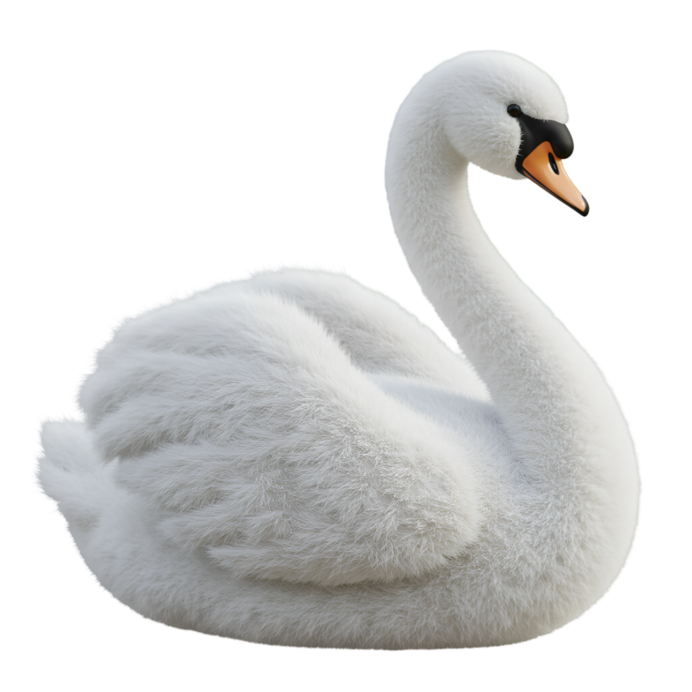 Elegant white swan with curved neck and orange beak in a serene pose against a plain setting shown close up on transparent background png