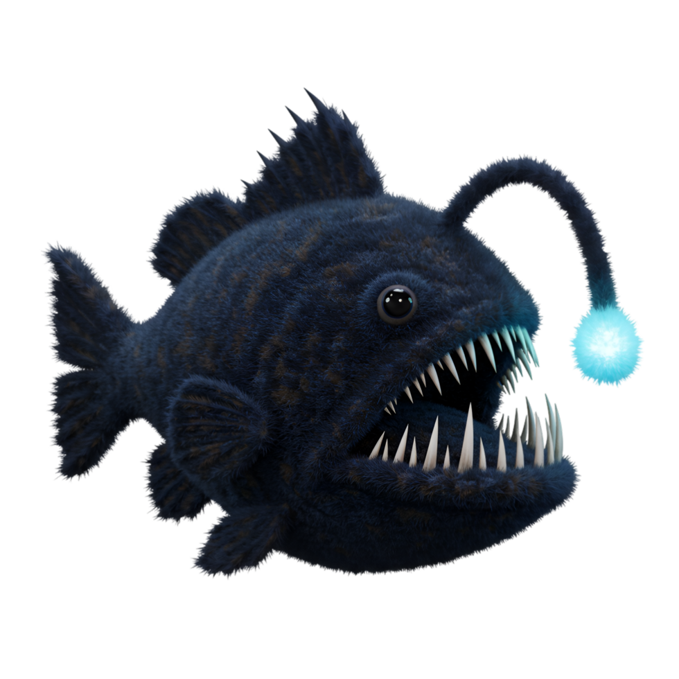 A deep sea anglerfish with sharp teeth and a glowing lure on a transparent background is displayed here png