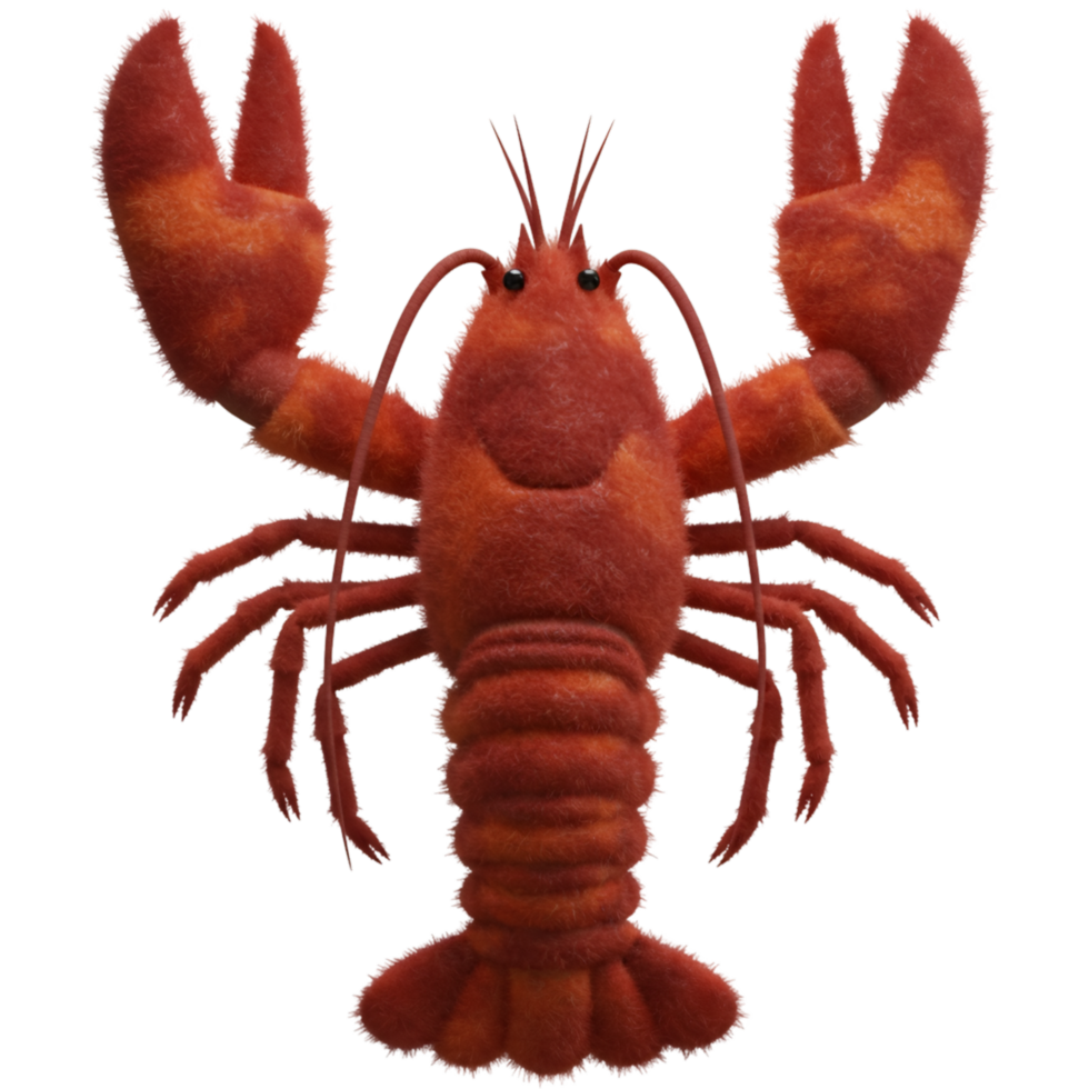 A vibrant orange lobster with large claws displayed against a plain backdrop in a centered view on transparent background png