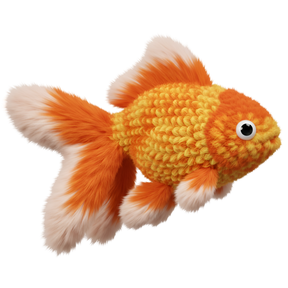 Close up of a plush goldfish toy with orange and white fins and a yellow textured body on a plain space on transparent background png