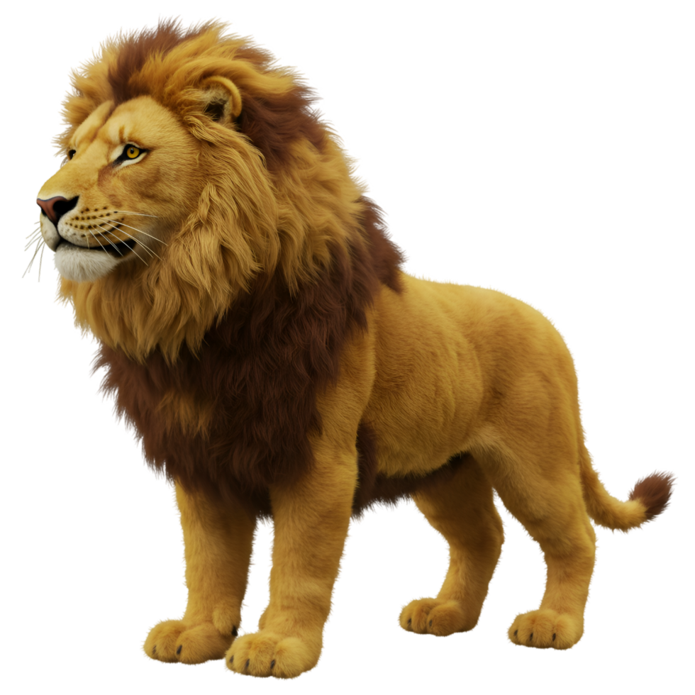 A majestic lion standing regally with its golden fur and imposing mane in a proud stance on transparent background png