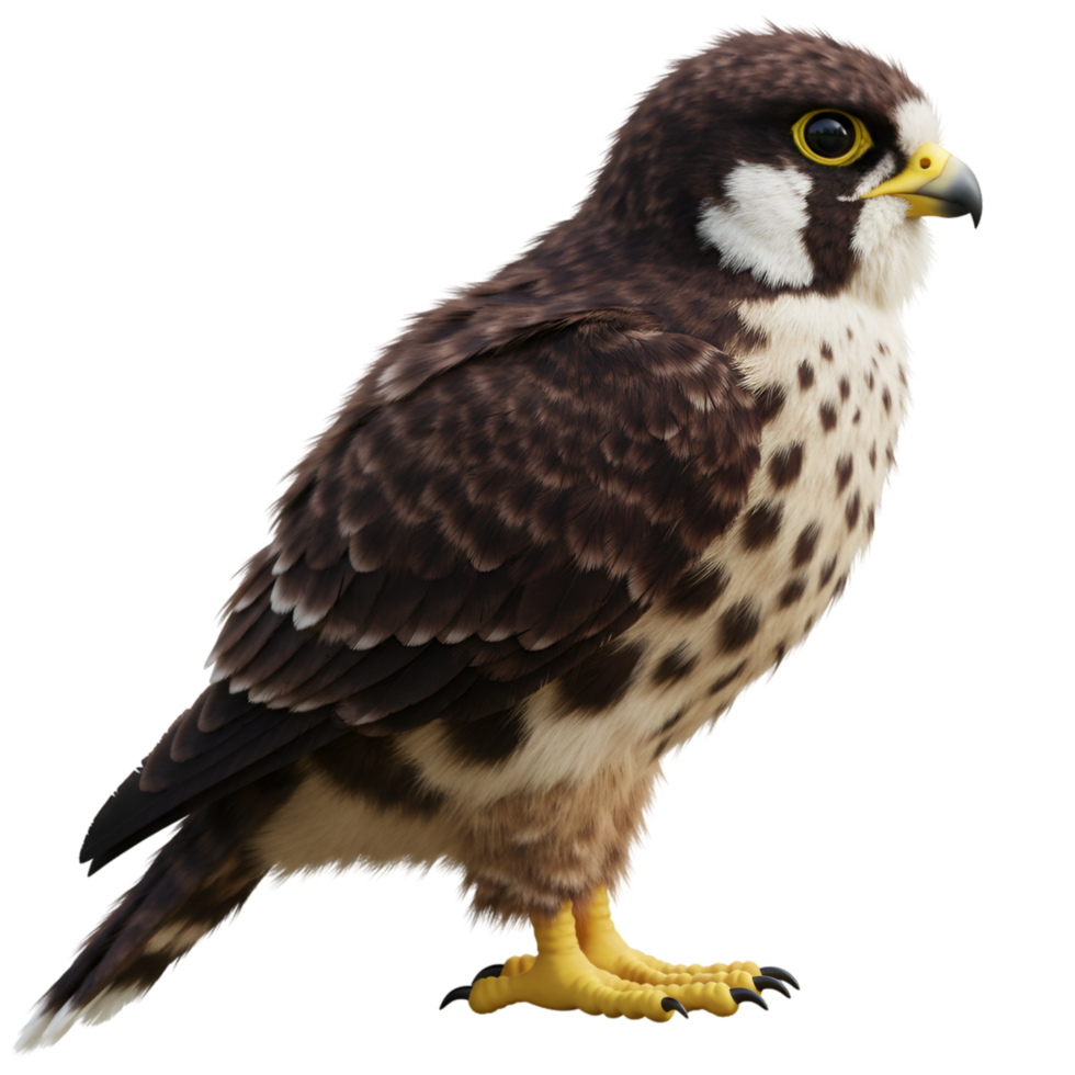 A falcon with brown and white plumage standing upright showing its yellow beak and feet on display view on transparent background png