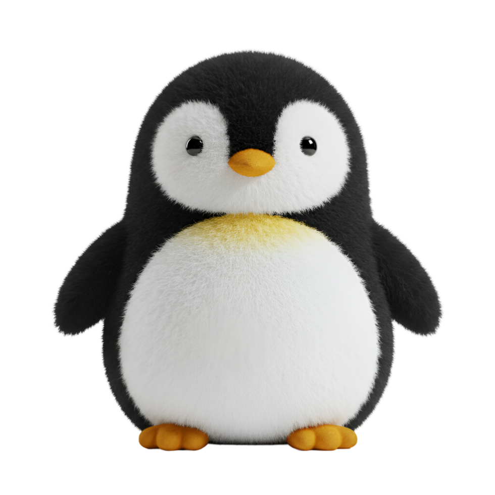 A charming penguin plush toy with a fluffy texture and endearing eyes standing in a simple pose alone on transparent background png