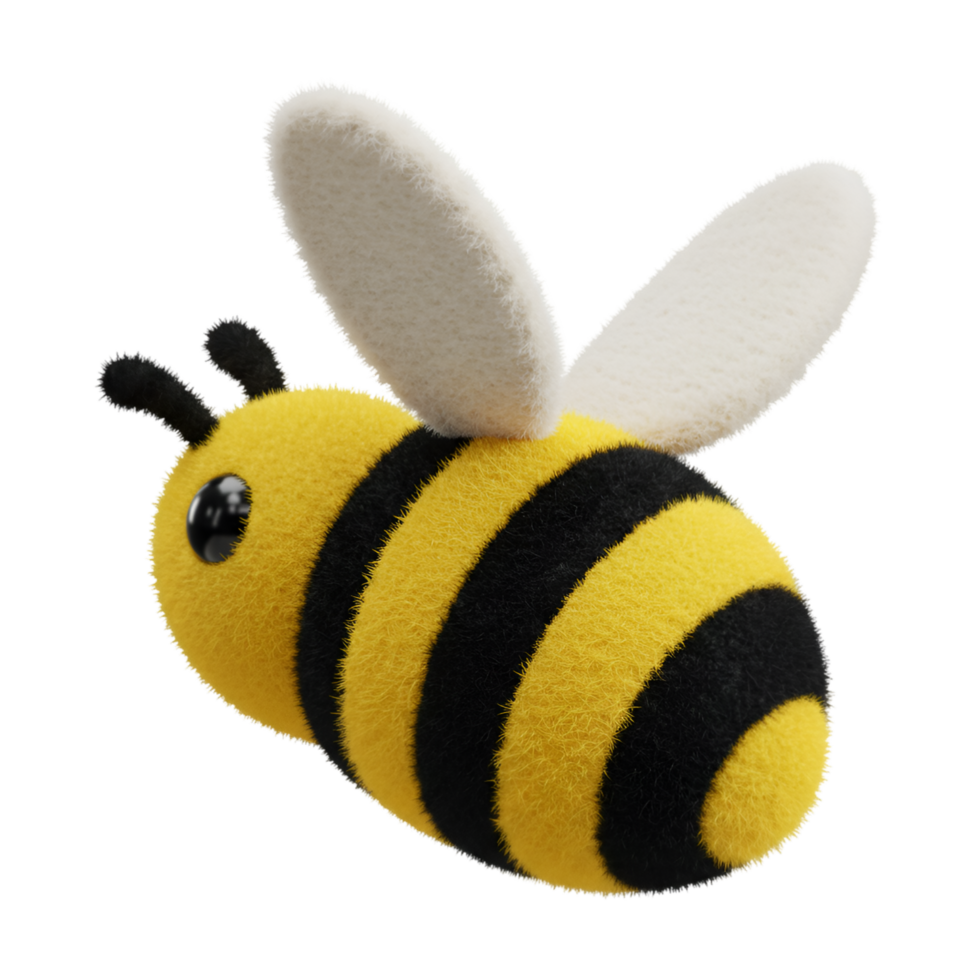 A fluffy stylized bee with yellow and stripes and white wings floating in a neutral space on transparent background png
