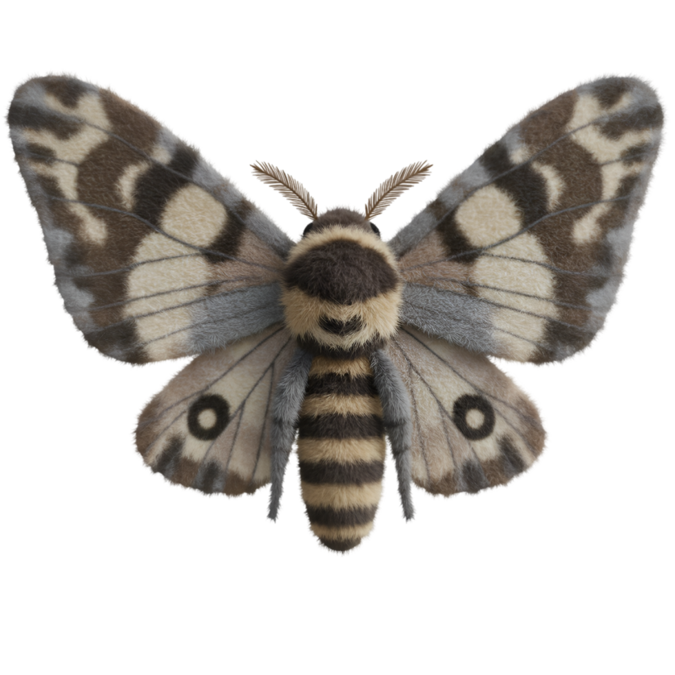 A detailed view of a moth with patterned wings and striped body against a solid color ground plane on transparent background png