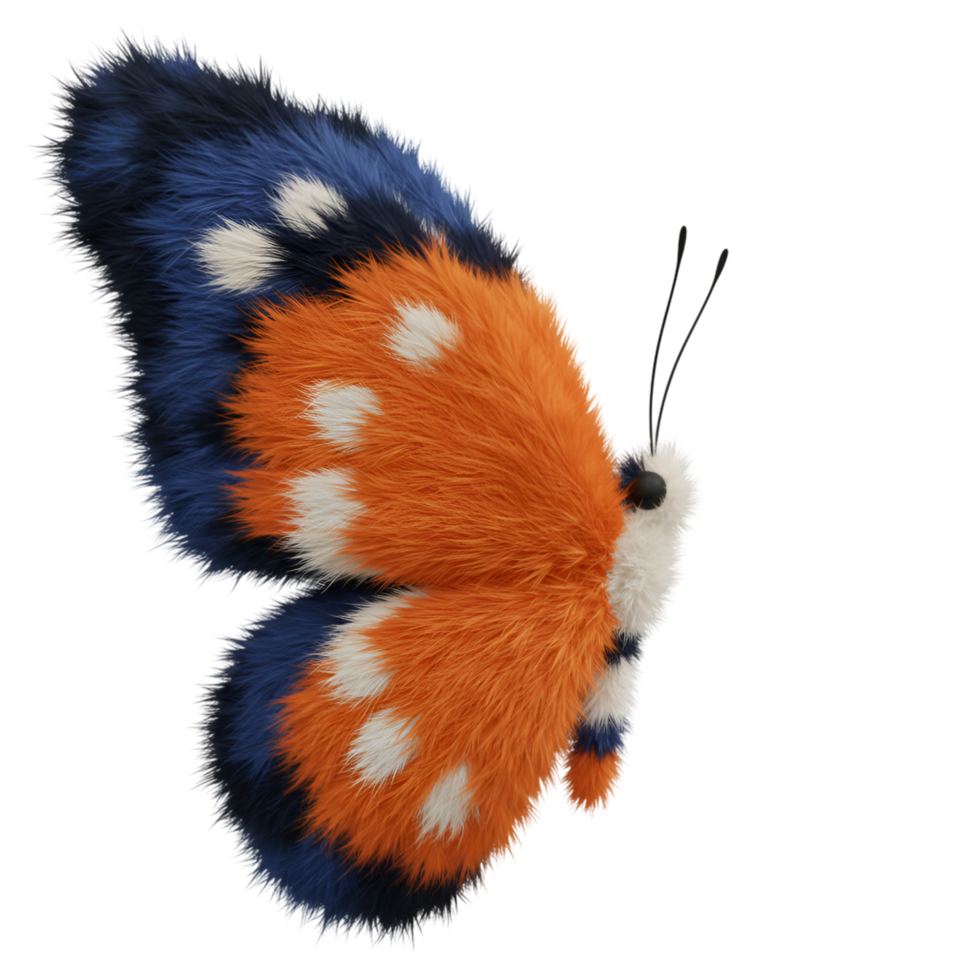 Close up view of a fuzzy butterfly with orange and blue wings and white spots in a studio setting on transparent background png