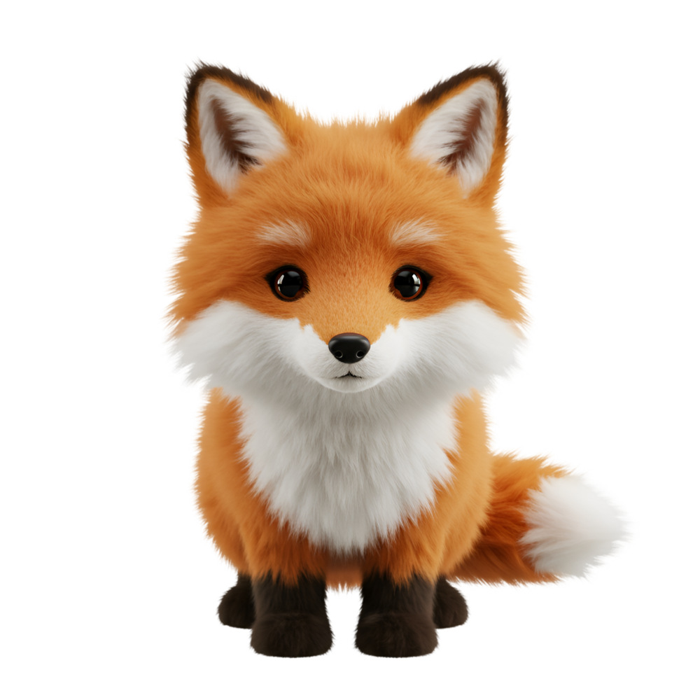 Adorable plush fox with orange fur and white markings sitting upright on a transparent surface on transparent background png