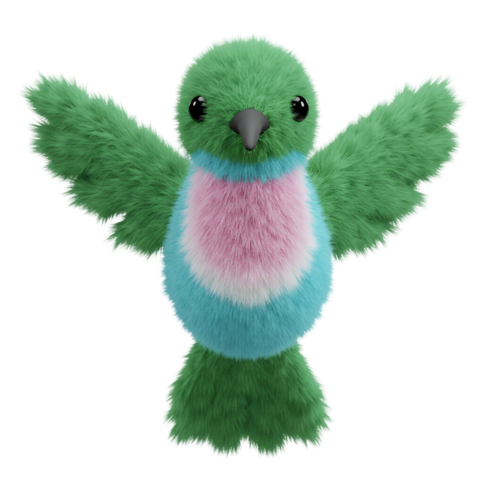 A plush hummingbird toy with green, pink, and blue colors stands against a plain setting view ahead on transparent background png