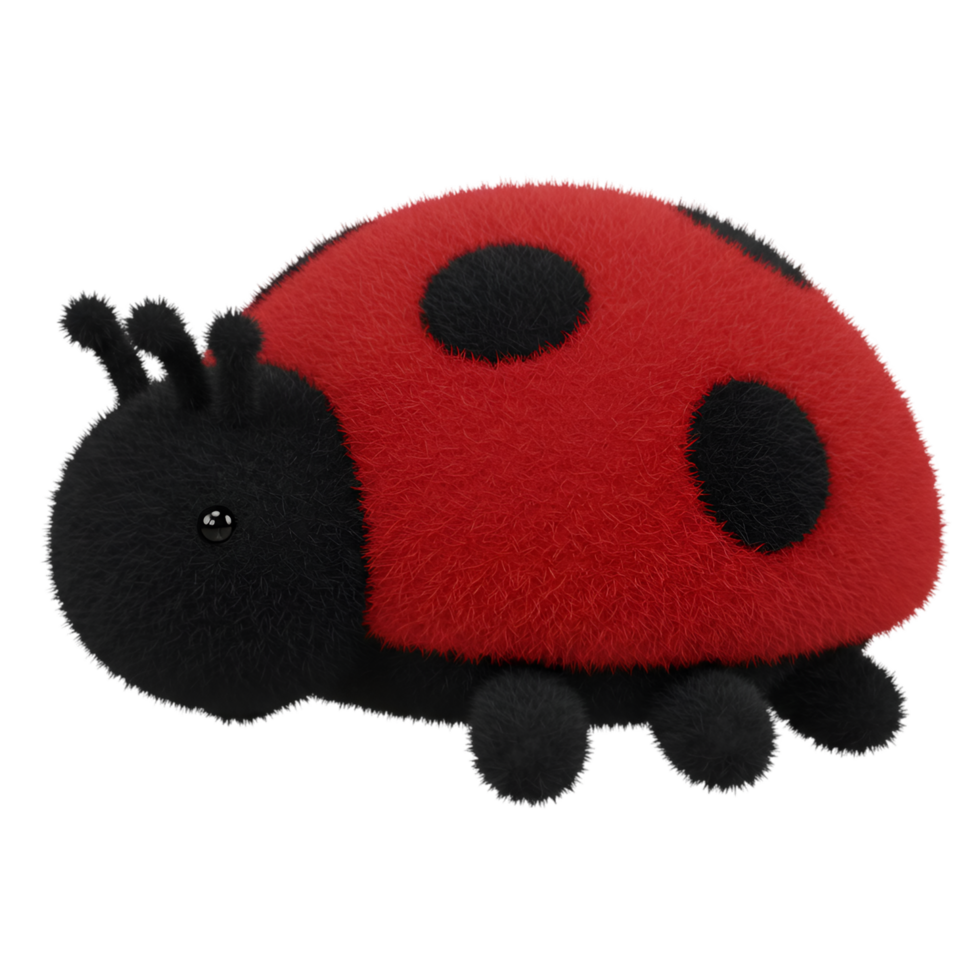 A plush ladybug toy with a red shell and spots sitting against a plain isolated space view close up on transparent background png