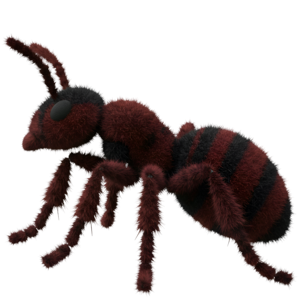 Close up of a fuzzy red and striped ant with six legs and antennae on a plain transparent area on transparent background png