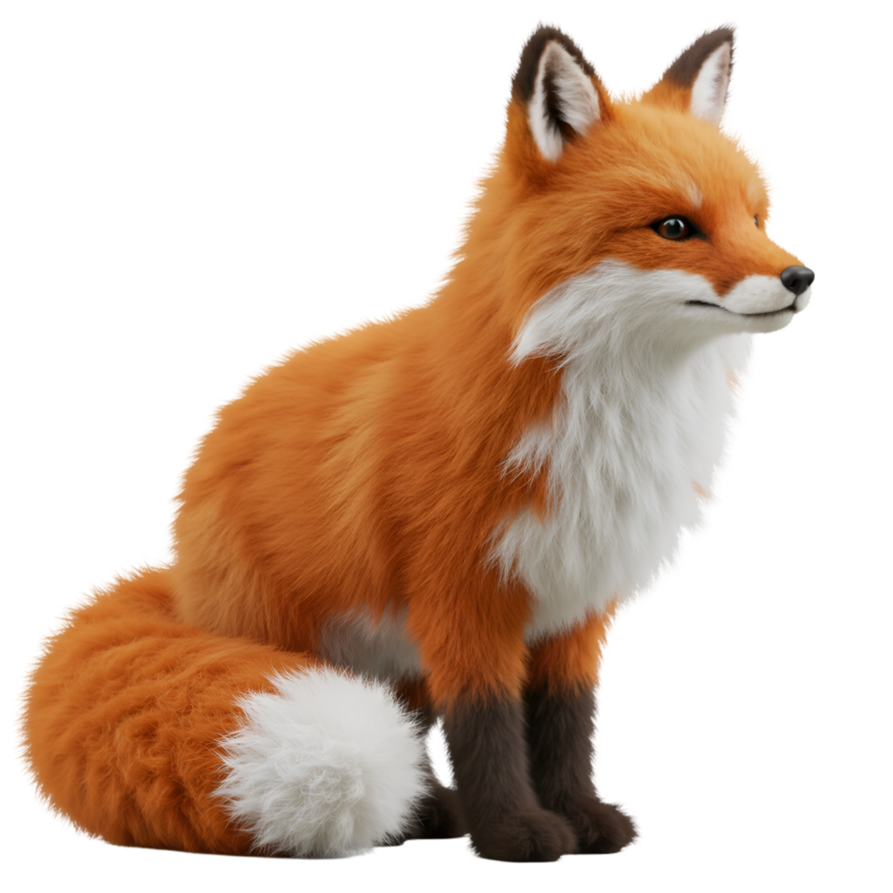 A serene fox sits peacefully with its orange fur and white chest against a simple scenery outside view on transparent background png