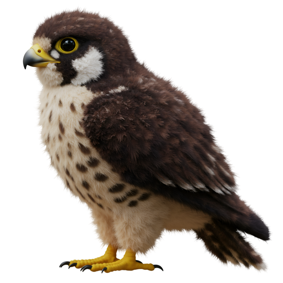 A perched falcon with brown plumage and yellow feet looking to the left side of the frame view here on transparent background png