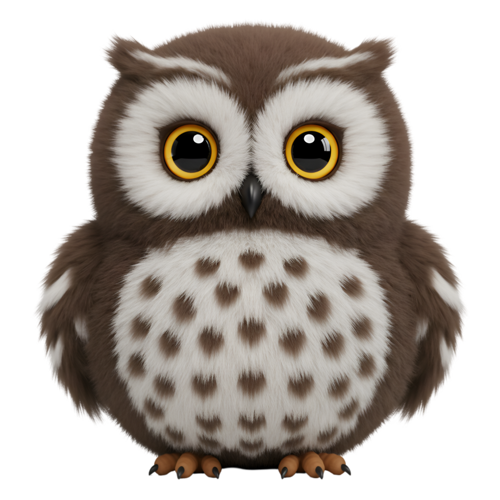 A charming owl with big yellow eyes and fluffy feathers sitting on a plain isolated background looking ahead on transparent background png
