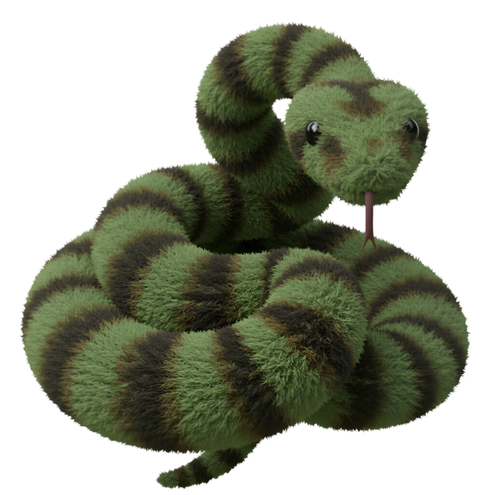 A plush snake with stripes coiled up and sticking its tongue out looking at the viewer directly on transparent background png