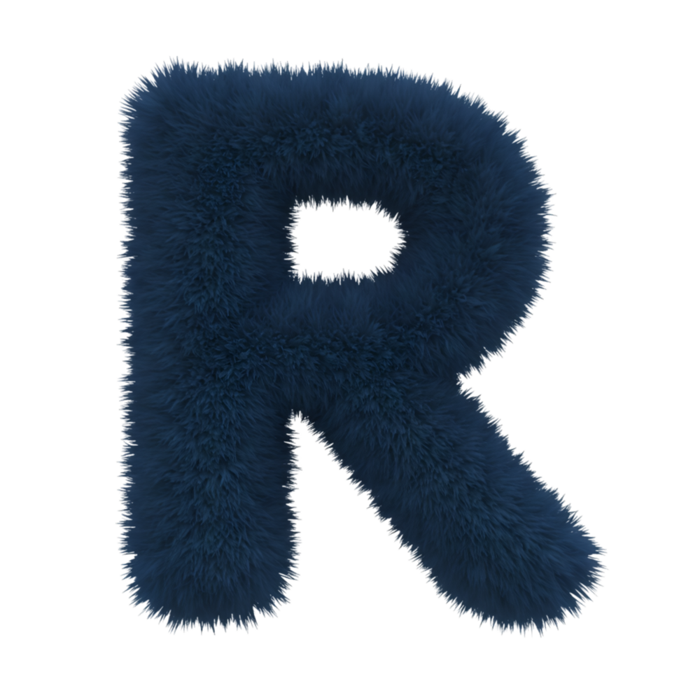 A fluffy letter r in a deep blue hue against a transparent setting creating a soft and textured look on transparent background png