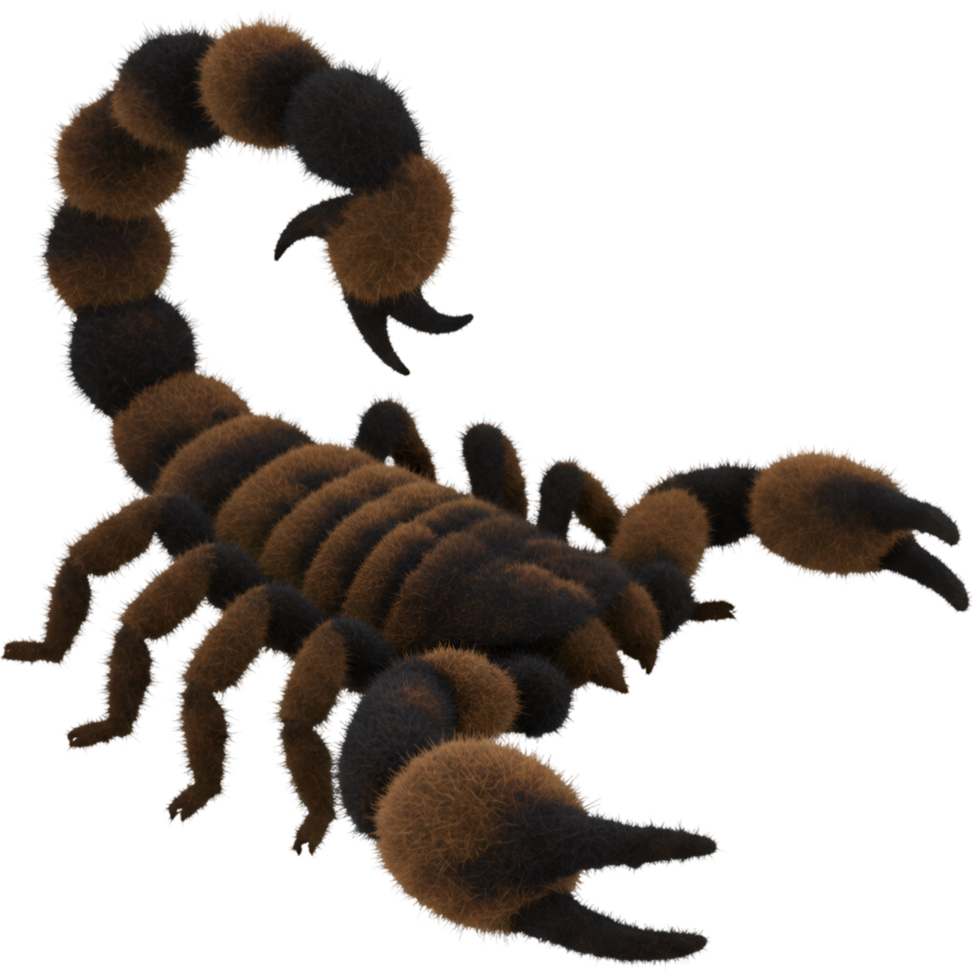 A scorpion with brown and gray stripes and a curved tail with two pinchers in a studio setting on transparent background png