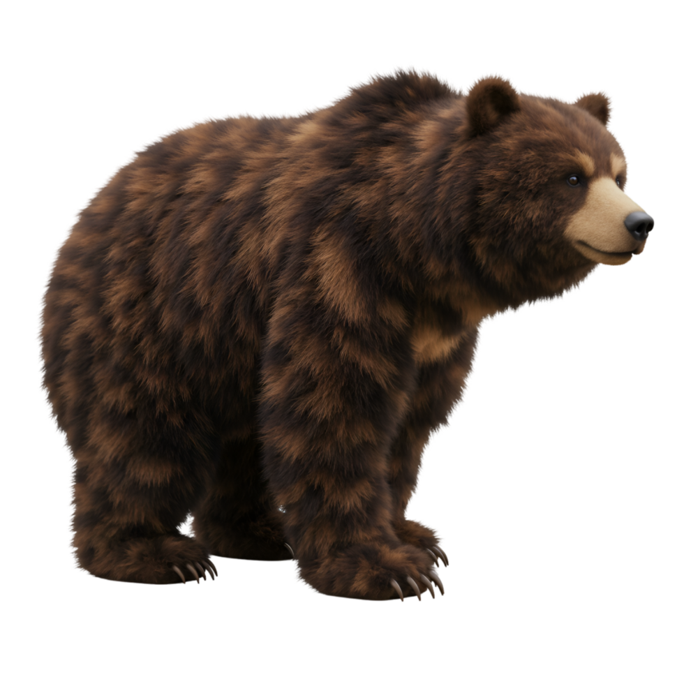 A standing grizzly bear with brown fur and visible claws isolated on a transparent canvas view profile on transparent background png