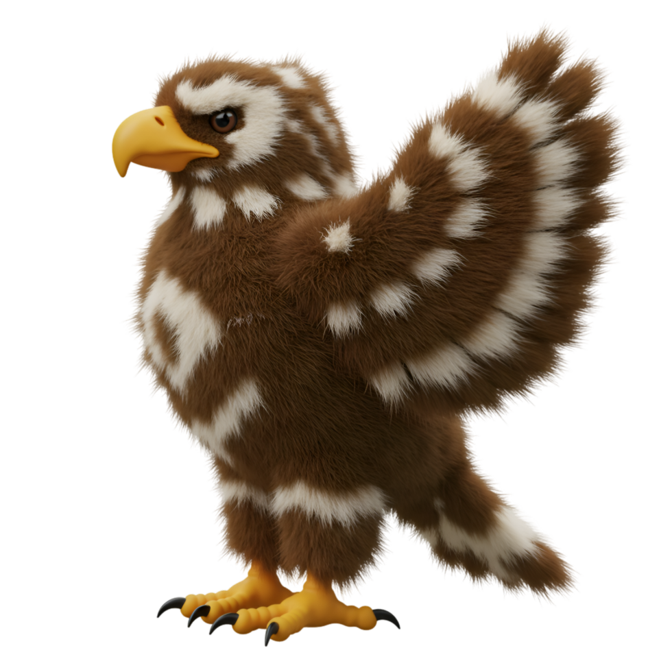 A plush eagle with brown and white feathers standing against a plain area looking to its left side on transparent background png