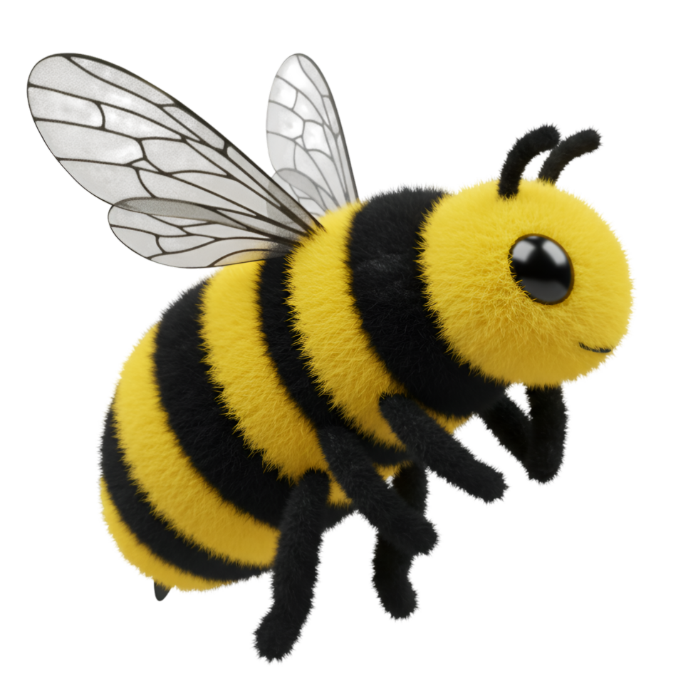 A plush bumblebee toy with striped body and transparent wings isolated on a plain setting view on transparent background png