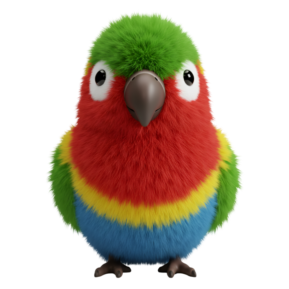 A colorful parrot with green head red chest yellow stripe and blue belly stands facing forward on transparent background png