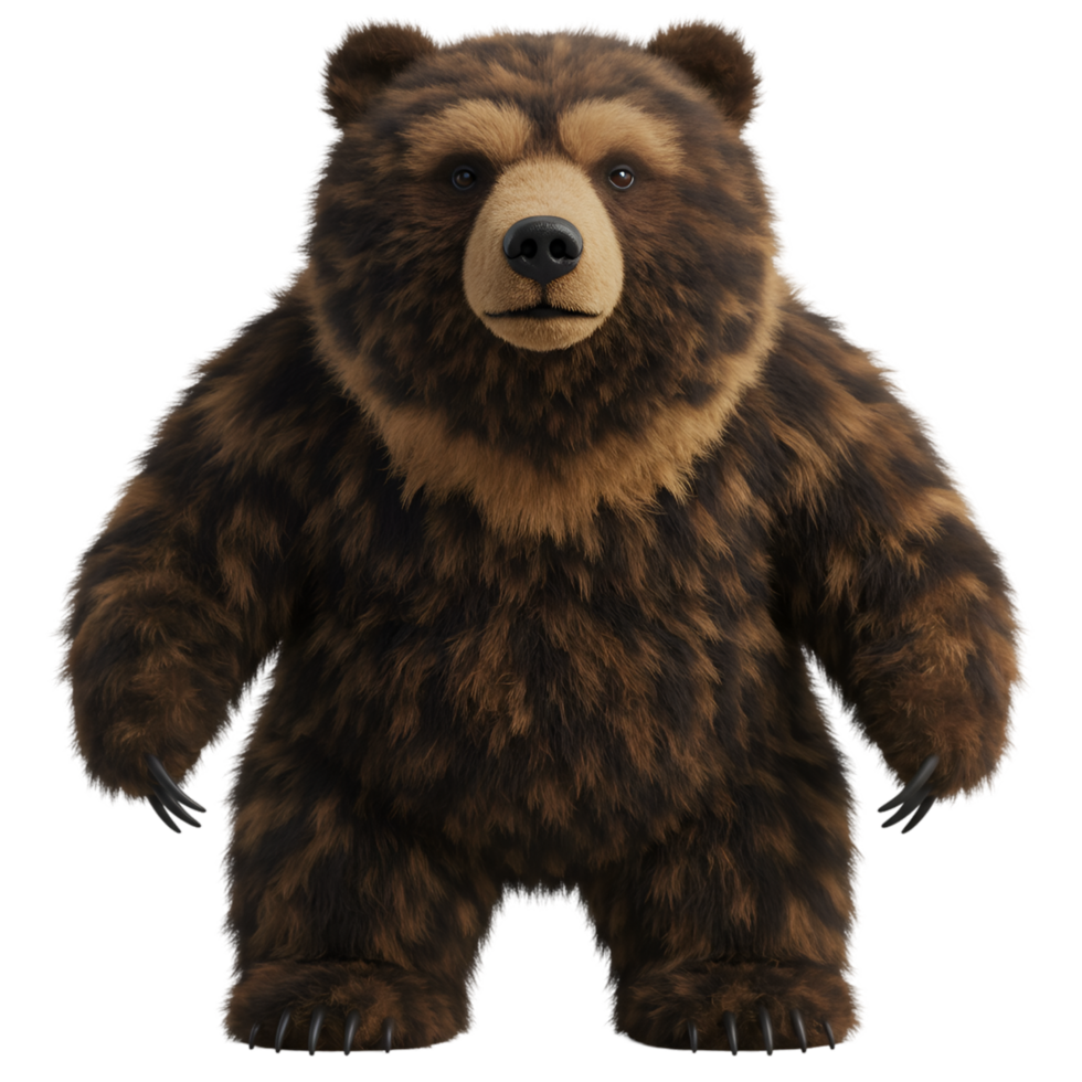 A standing brown bear with a light brown face and chest posing for the camera on a transparent area on transparent background png
