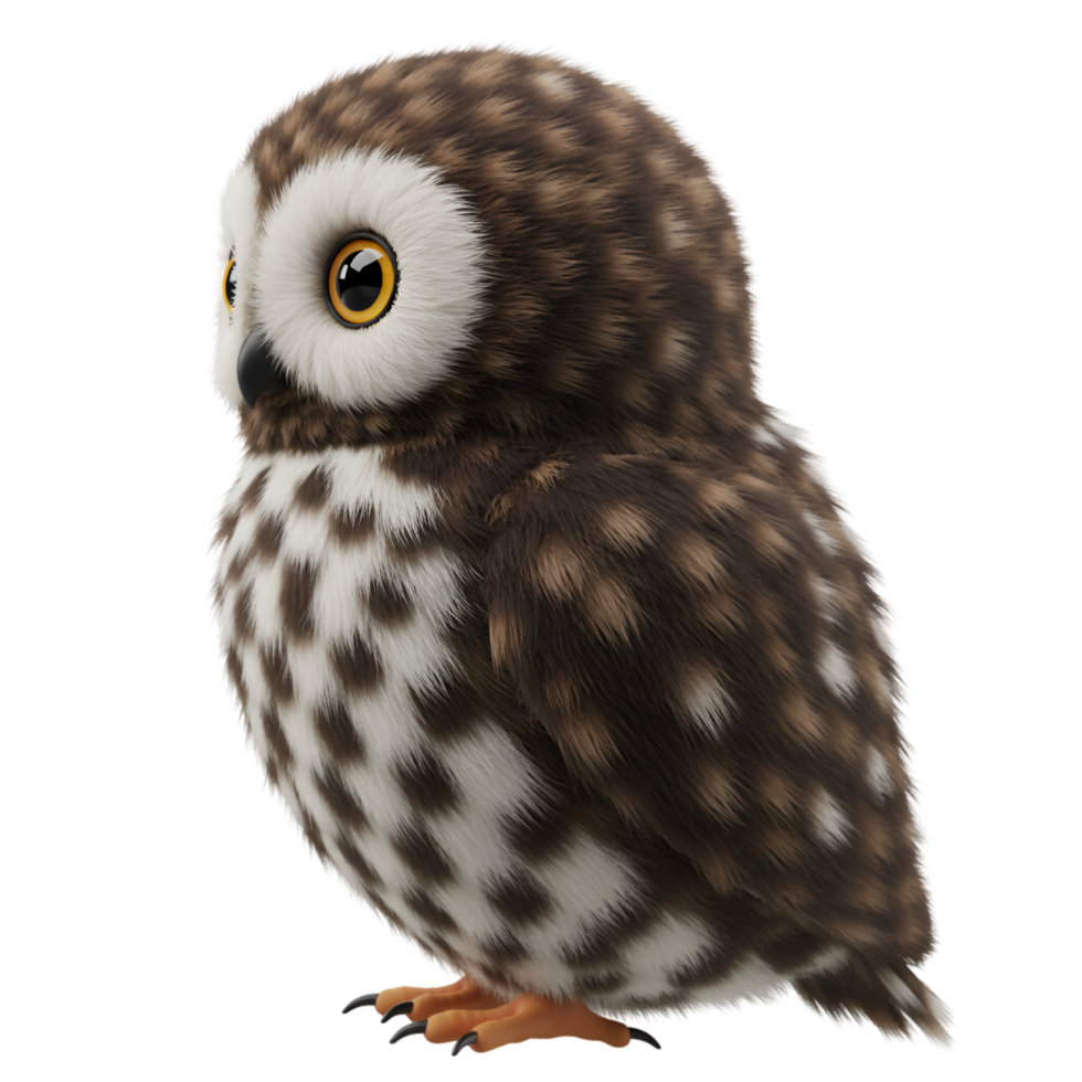 A charming owl with speckled plumage poses with a gentle gaze against a transparent canvas view here now on transparent background png
