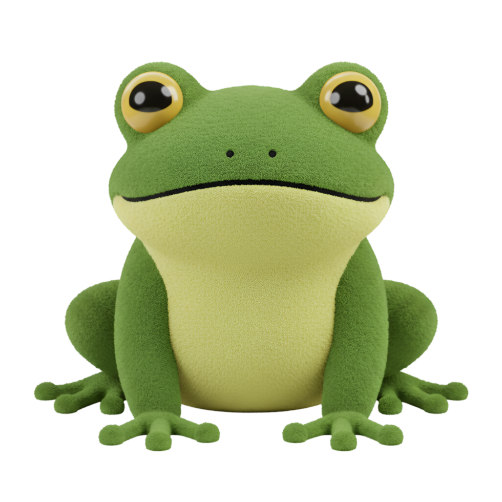A plush amphibian with bulging eyes and a wide smile sits against a plain studio space backdrop here now on transparent background png
