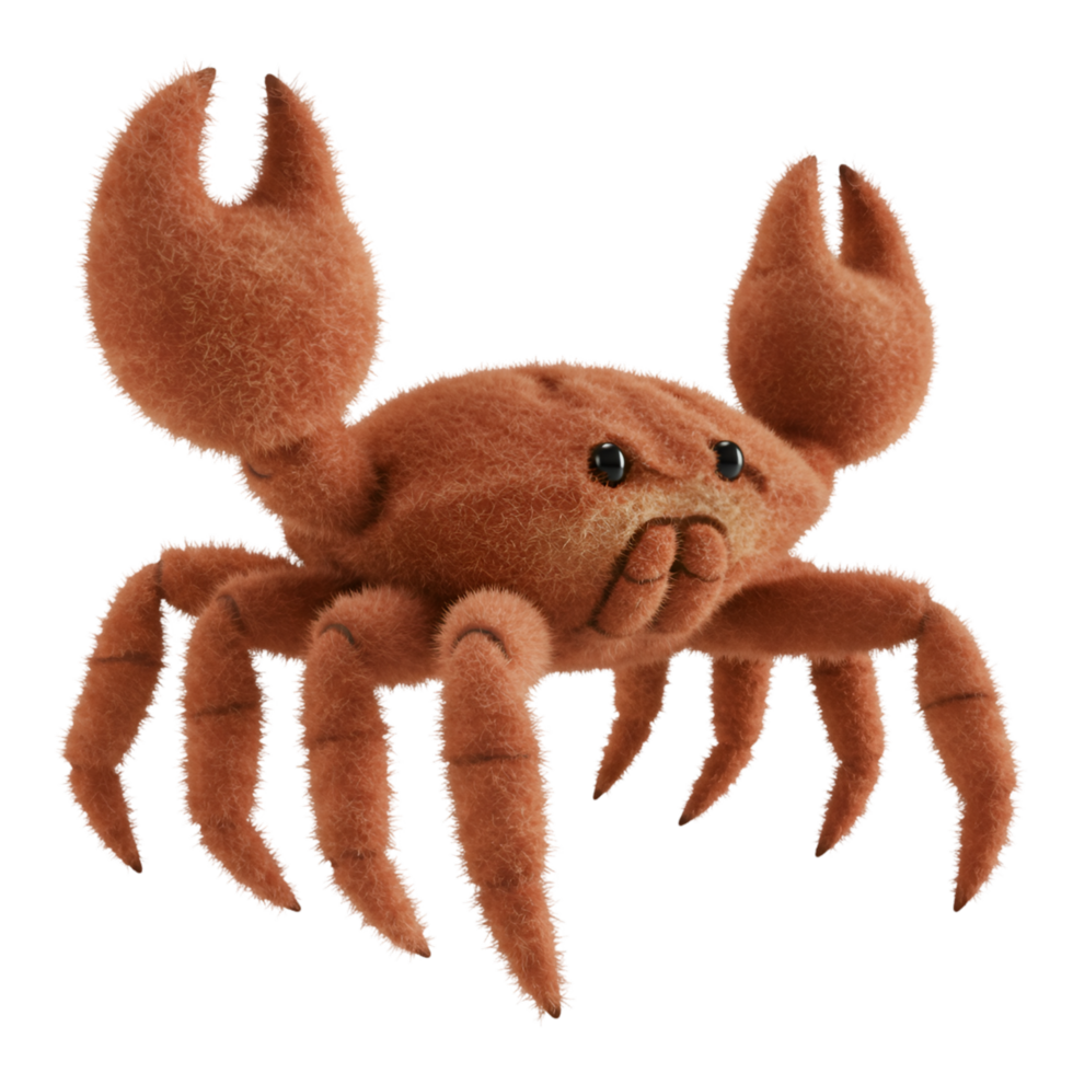 A plush crab with raised claws and multiple legs against a plain backdrop in a studio setting view on transparent background png