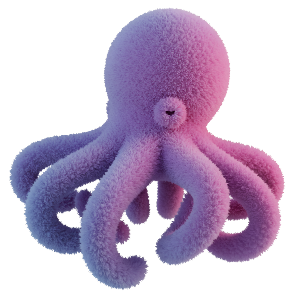 A fluffy purple octopus with eight tentacles isolated on a plain solid color simple background view from front on transparent background png