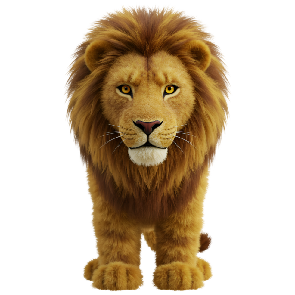 A majestic lion stands facing forward with a regal mane against a simple transparent area around it on transparent background png