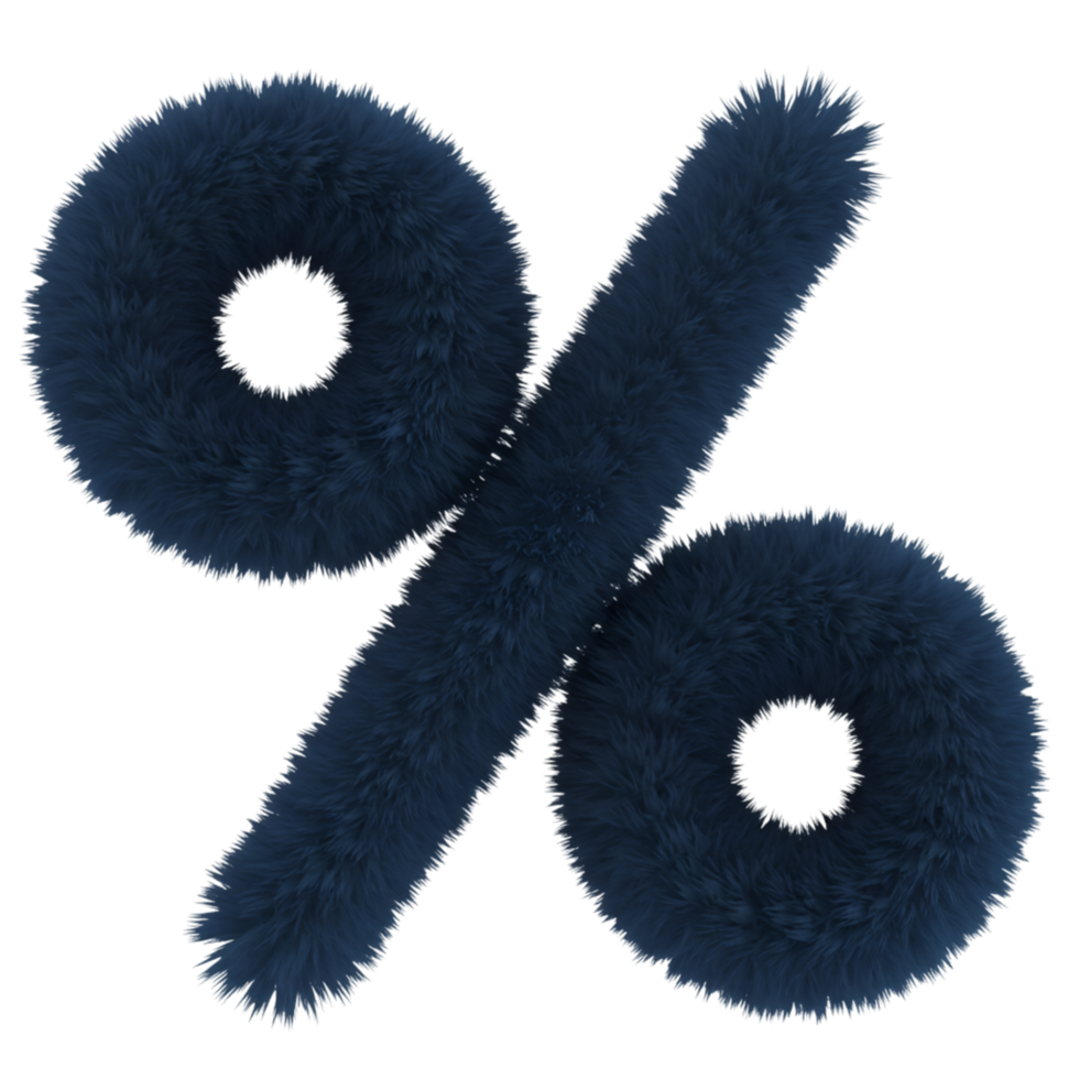 A fluffy percentage sign with a textured surface against a plain and simple backdrop space view on transparent background png