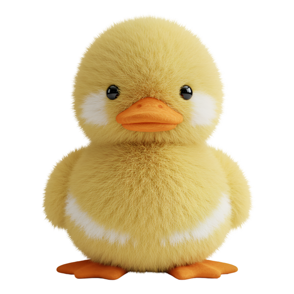 A plush yellow duckling with orange beak and feet stands isolated on a solid color backdrop here now on transparent background png