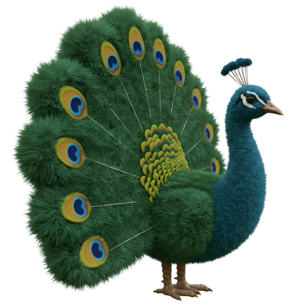 A peacock statue with green foliage and blue and yellow eye spots standing on its legs outside art on transparent background png