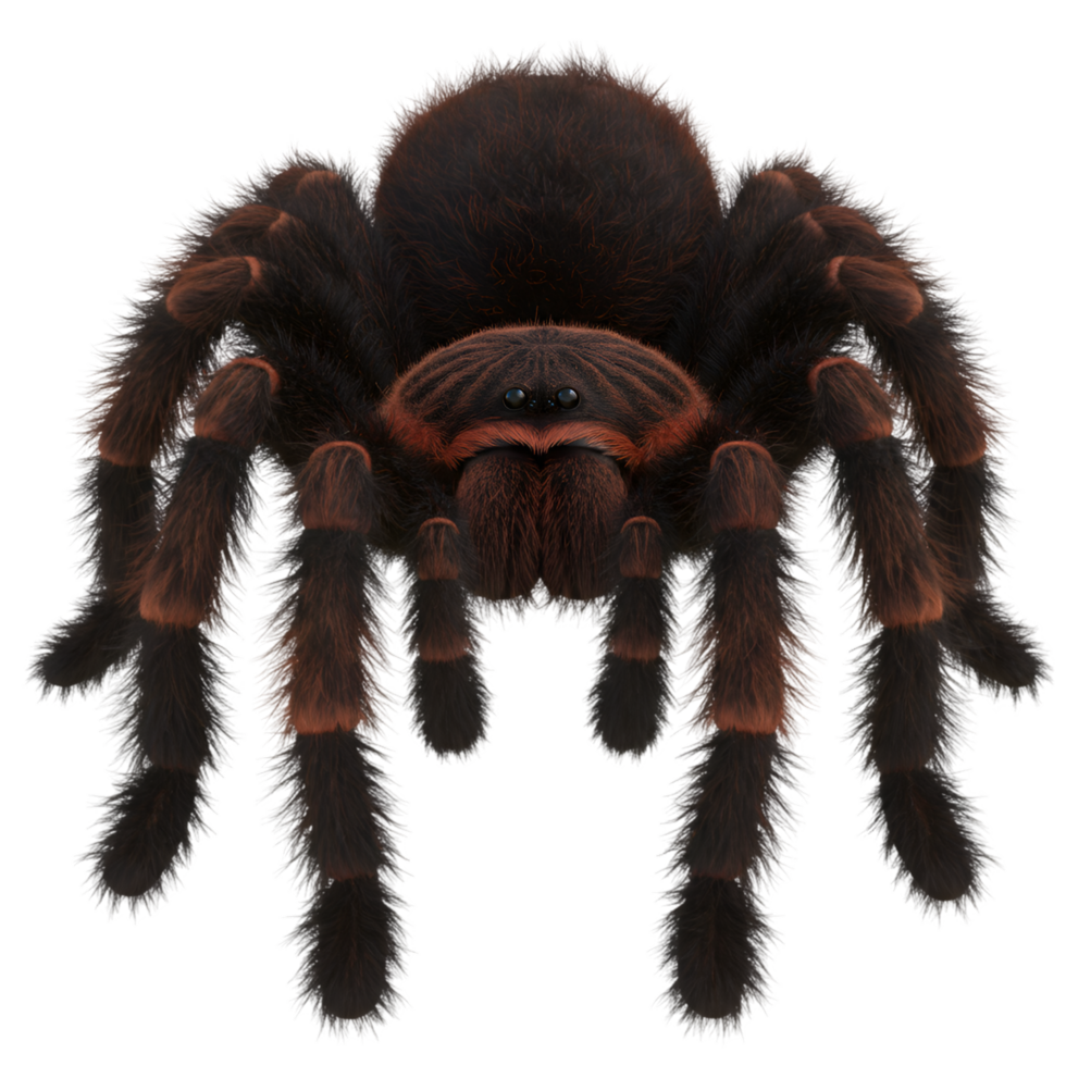 A close up view of a tarantula with its hairy legs and body in a frontal facing position image on transparent background png
