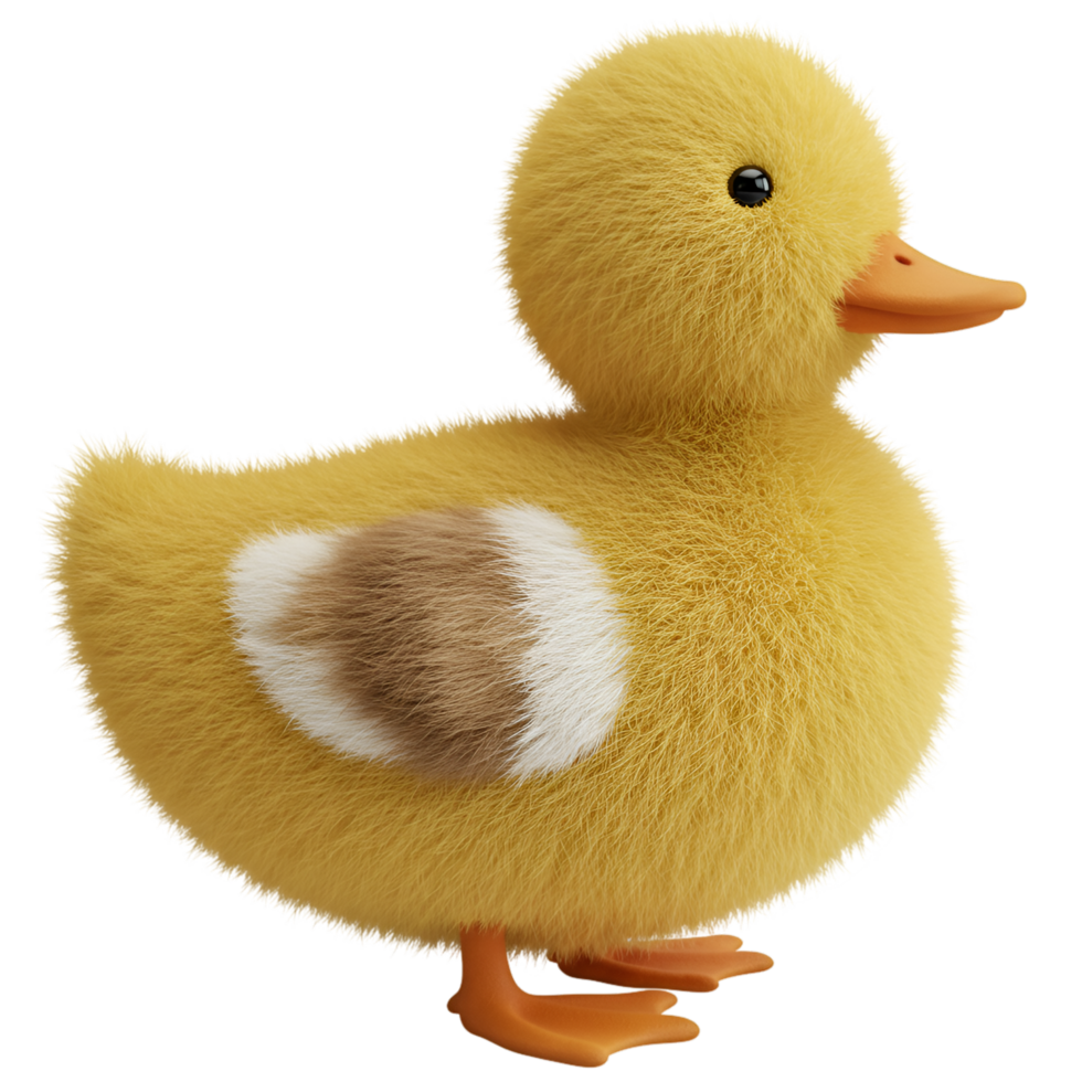 Close up of a fluffy yellow duckling with orange beak and feet on a plain background view from side on transparent background png