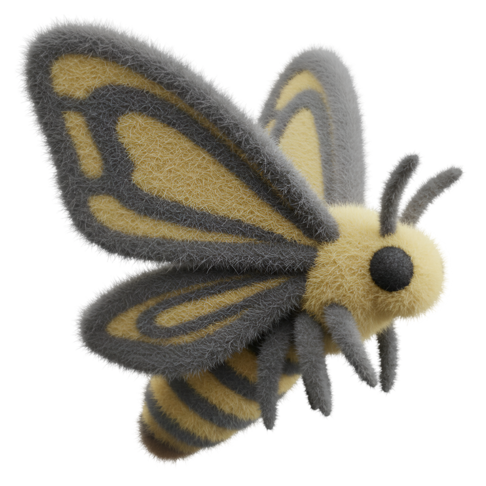 A fluffy moth with yellow and gray stripes on its wings and body against a transparent area on transparent background png