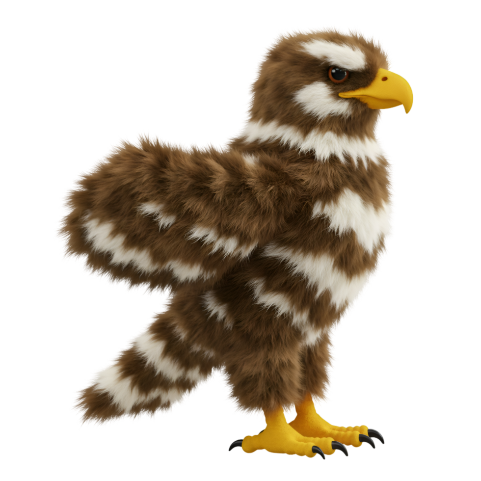 A plush bird with brown and white plumage standing upright against a plain transparent area view image on transparent background png