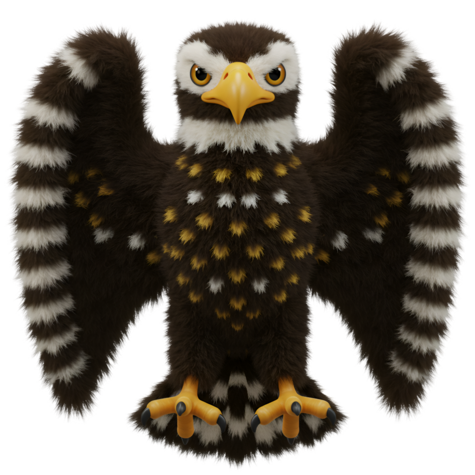 A plush eagle with open wings showing its plumage and yellow beak and feet on a transparent backdrop on transparent background png