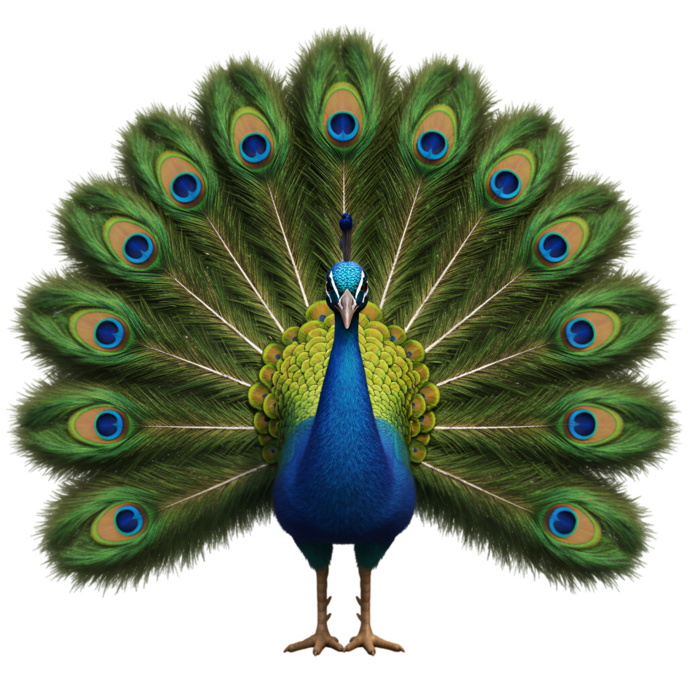 A vibrant peacock with its feathers fully fanned out displaying its unique plumage and coloration on transparent background png