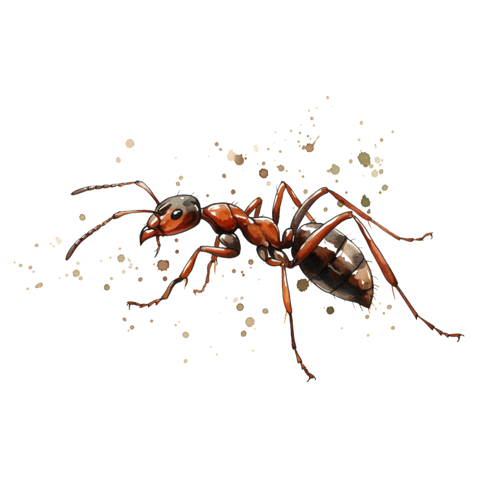 A detailed depiction of a red and brown ant with visible legs and antennae on a plain backdrop on transparent background png