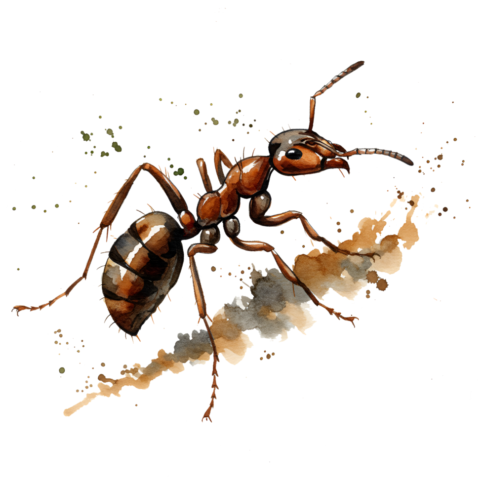 A detailed watercolor rendering of an ant crawling on a light colored surface with a plain backdrop on transparent background png
