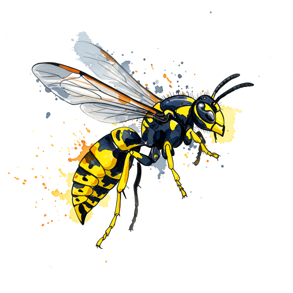 A detailed drawing of a yellow jacket wasp with wings spread on a simple transparent canvas art on transparent background png