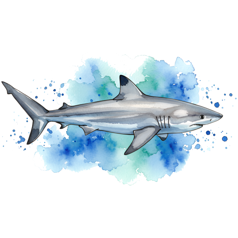Watercolor style shark with blue and green splash on an isolated transparent canvas view artwork on transparent background png