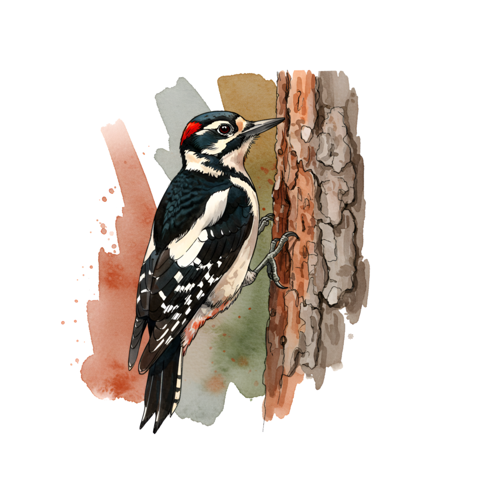 Woodpecker clinging to a tree trunk with vibrant watercolor style and bright plumage detail showing clearly on transparent background png