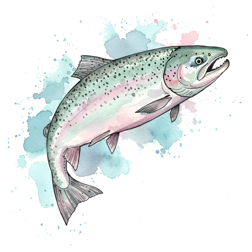 Watercolor style drawing of a rainbow trout with colorful splashes on a transparent area on transparent background png