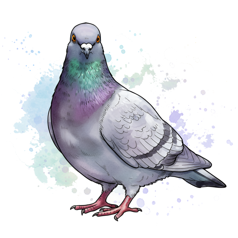 Illustration of a pigeon standing with a white and blue watercolor effect and a transparent space on transparent background png